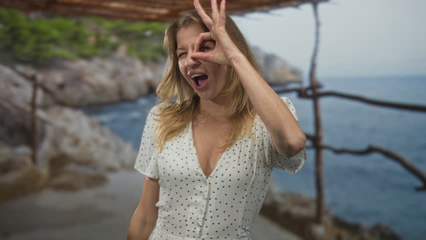 Woman making ok sign with hand over eye on rocky beach in white polka dot dress; playful summer escape.