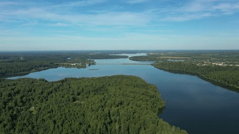 Drone Moving over Green Forest River