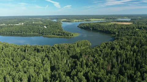 Drone Flying over River Forest Landscape