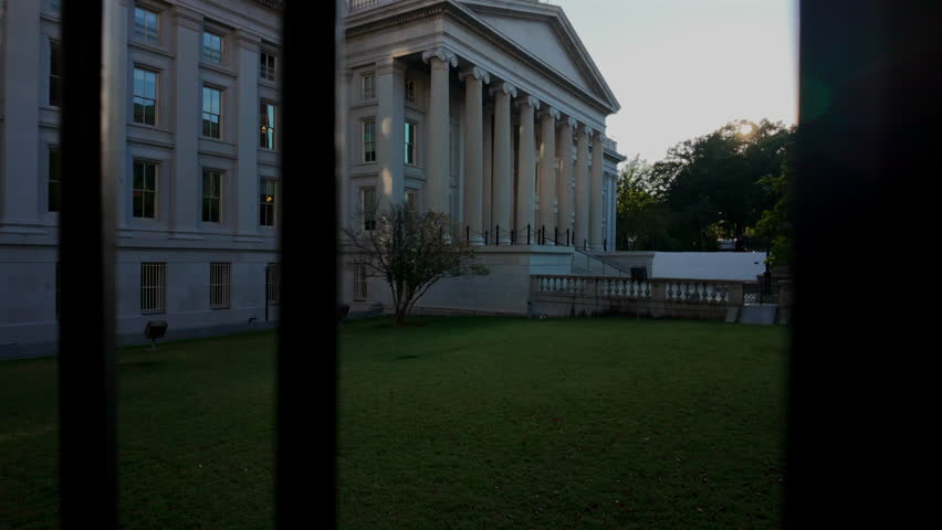 Treasury Building in Washington. View through the fence.