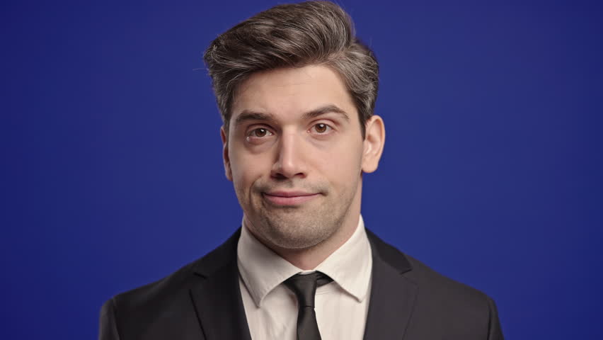 Irritated Bore Mature Businessman Sighs, Rolling Eyes On Blue. Hide Frustration. Confused Unyielding Man Disapproving With No Head Sign. Disagreed Leader