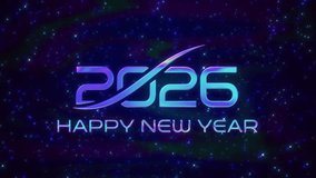 Glowing holographic 2026 numerals and Happy New Year text shine in vibrant blue purple gradient over deep starry space creating a futuristic celebratory atmosphere - Powered by Shutterstock - Get 15% off with code: PIKWIZARD15