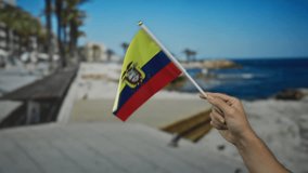 Man holds ecuadorian flag at seaside beach showcasing patriotism against scenic outdoor backdrop. - Powered by Shutterstock - Get 15% off with code: PIKWIZARD15