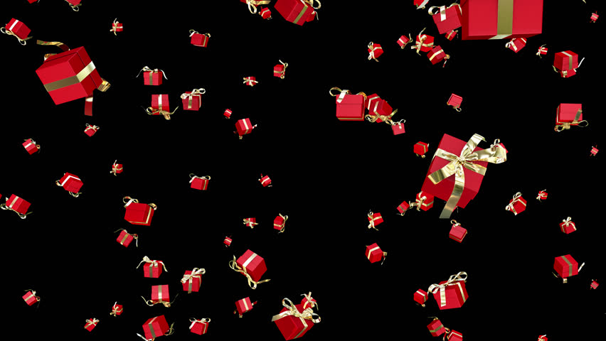 Elegant red and gold Christmas gift boxes falling in seamless loop animation with transparent background, festive holiday present rain effect for seasonal celebration videos
