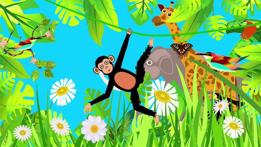 A colorful cartoon animation of a cheerful giraffe munching leaves from tall jungle trees, while a playful chimpanzee swings joyfully from the branches. The vibrant jungle background is filled with lu