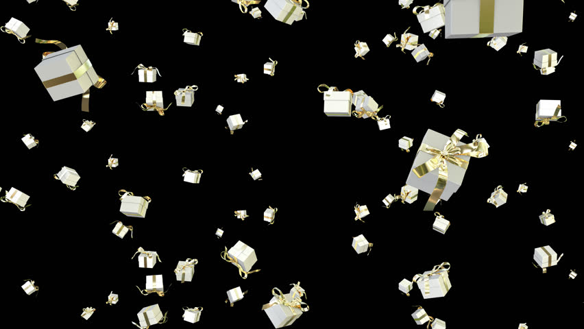 Elegant white and gold Christmas gift boxes falling in seamless loop animation with transparent background, festive holiday present rain effect for seasonal celebration videos
