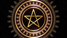 Animation of Pentacle symbol in a circle, gold mystical pentagram on rotating golden mandala, magic esoteric pulsating star, video seamless loop, black background - Powered by Shutterstock - Get 15% off with code: PIKWIZARD15