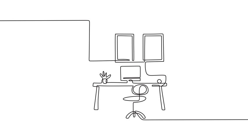 Animated self drawing of one continuous line forming a modern workspace with a chair, laptop, and desk. Represents a productive office interior and corporate environment. 4K UHD motion graphic clip.