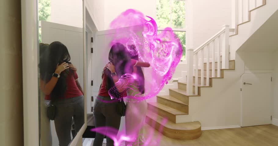 Guest arriving door hugging friend unleashing purple energy swirling expanding in tech demo. Friendship, modern, portal, mystical, ambiance, connection, contemporary