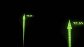 Dark HUD opening, causing green arrows rising, rotating rings animating numeric data display. Futuristic, technology, interface, data visualization, motion, abstract, digital - Powered by Shutterstock - Get 15% off with code: PIKWIZARD15