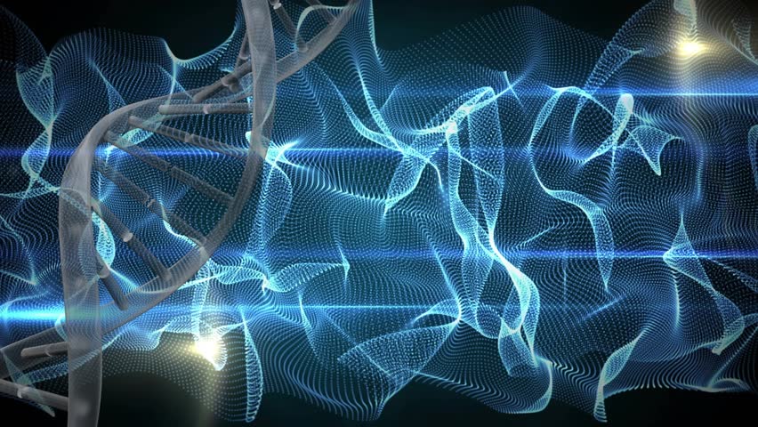 DNA helix entering while rotating blue mesh ribbon pulsing light bars sweeping for energy display. Molecular, futuristic, digital, innovation, technology, abstract, luminescent - Powered by Shutterstock - Get 15% off with code: PIKWIZARD15