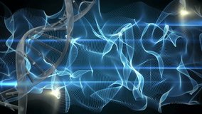 DNA helix entering while rotating blue mesh ribbon pulsing light bars sweeping for energy display. Molecular, futuristic, digital, innovation, technology, abstract, luminescent - Powered by Shutterstock - Get 15% off with code: PIKWIZARD15