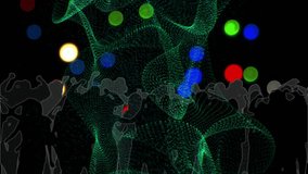 On green mesh wave emerging from void, silhouettes moving, colored orbs pulsing, celebrating party. Abstract, digital art, vibrant, energy, motion, nightlife, futuristic - Powered by Shutterstock - Get 15% off with code: PIKWIZARD15