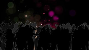 Yellow orbs falling igniting purple green glow pulsing while outlined crowd swaying celebrating. Festive, vibrant, neon, dynamic, energetic, rally, spectacle - Powered by Shutterstock - Get 15% off with code: PIKWIZARD15