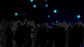 Drifting blue orbs starting dark crowd raising arms swaying with neon shapes pulsing celebrating. Abstract, motion, vibrant, energetic, futuristic, illumination, choreography - Powered by Shutterstock - Get 15% off with code: PIKWIZARD15