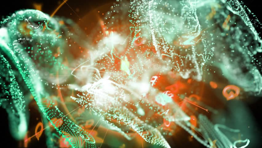 Green dots drifting left in white plumes, converging center glowing vortex bursting, showing energy. Luminescence, futurism, digital art, cosmic, energy, motion, abstract