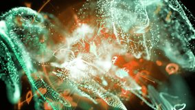 Green dots drifting left in white plumes, converging center glowing vortex bursting, showing energy. Luminescence, futurism, digital art, cosmic, energy, motion, abstract - Powered by Shutterstock - Get 15% off with code: PIKWIZARD15