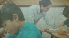 Teacher pointing boy pencil marks guiding class writing with globe rotating as girl joining writing. Education, classroom, teaching, learning, students, curriculum, instruction - Powered by Shutterstock - Get 15% off with code: PIKWIZARD15