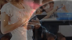 Girl tapping tablet screen creating energy forming rotating AR globe illuminating art class. Interactive, educational, innovative, creative, vibrant, collaborative, digital - Powered by Shutterstock - Get 15% off with code: PIKWIZARD15