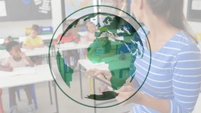 Teacher tapping tablet activating clear globe overlay rotating and illustrating classroom geography. Education, learning, technology, classroom, children, innovation, teaching - Powered by Shutterstock - Get 15% off with code: PIKWIZARD15