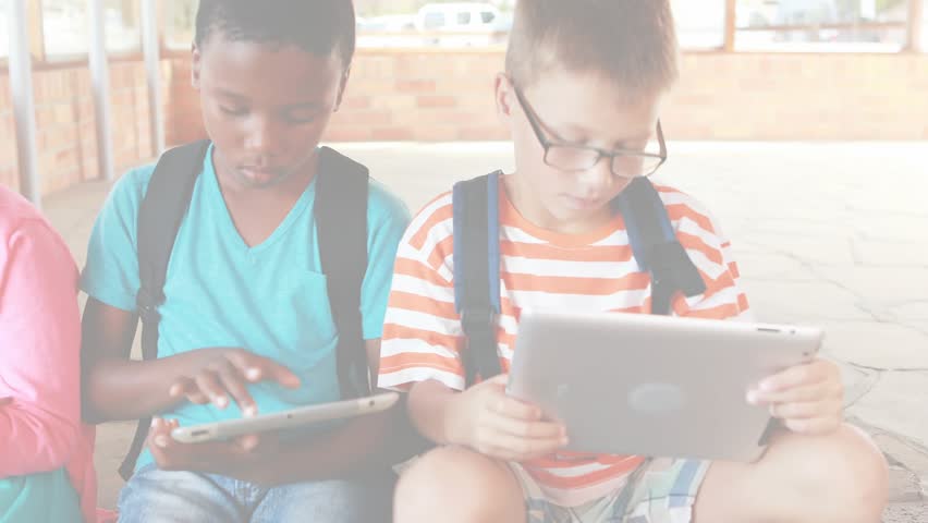 Students tapping tablets typing on laptop starting circle growing into spinning globe for education. Children, collaboration, digital learning, education, outdoor, youthful, cartoon style - Powered by Shutterstock - Get 15% off with code: PIKWIZARD15