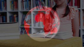 Girl opening book, tracing page, generating spinning educational globe overlay mapping continents. Educational, childhood, exploration, learning, curiosity, literacy, instructive - Powered by Shutterstock - Get 15% off with code: PIKWIZARD15