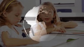 Two classmates whispering idea and adding drawing details with rotating globe overlay in education. Children, collaboration, education, art, classroom, learning, teamwork - Powered by Shutterstock - Get 15% off with code: PIKWIZARD15