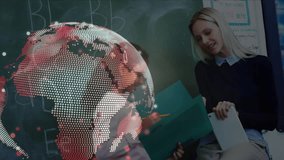 Student flipping folder pages by chalkboard while digital globe spinning causing learning growth. Education, digital, innovation, classroom, technology, mentorship, curiosity - Powered by Shutterstock - Get 15% off with code: PIKWIZARD15