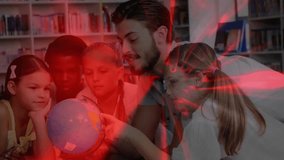 Teacher placing and rotating globe in library for learning geography with pulsing radial lights. Education, classroom, youth, discovery, exploration, learning, interaction - Powered by Shutterstock - Get 15% off with code: PIKWIZARD15