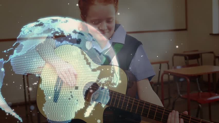 Schoolgirl strumming guitar in class, creating rotating globe network animation for education demo. Music, education, innovation, technology, creativity, learning, youth - Powered by Shutterstock - Get 15% off with code: PIKWIZARD15