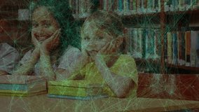 Camera panning revealing classmates resting chins at library table with book stacks for education. Collaboration, learning, diversity, literacy, youth, education, study - Powered by Shutterstock - Get 15% off with code: PIKWIZARD15
