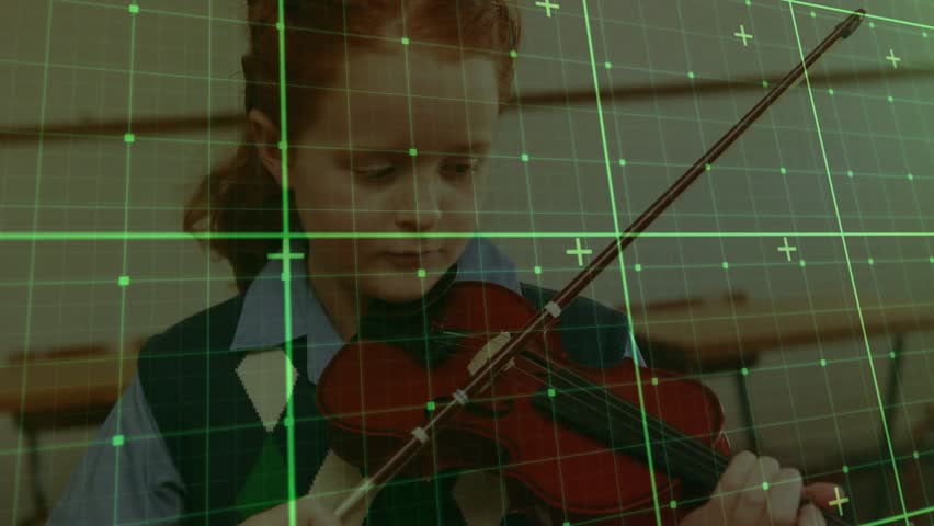 Girl lifting violin shoulder pressing fingers drawing bow under green grid overlay practicing music. Musicianship, orchestral, classical, performance, practice, education, concentration