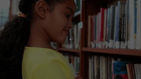 Student browsing bookshelf in library activating digital nodes forming knowledge network overlay. Education, literacy, technology, innovation, learning, digital, connectivity - Powered by Shutterstock - Get 15% off with code: PIKWIZARD15