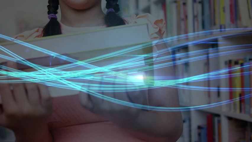 Light streaks sweeping girl holding books in library initiating camera zooming toward smiling face. Children, education, digitalart, library, curiosity, inspiration, storytelling