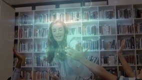 Teacher raising hand and activating digital overlays and high fiving students in school library. Education, mentorship, innovation, engagement, technology, collaboration, learning - Powered by Shutterstock - Get 15% off with code: PIKWIZARD15