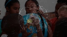 Kids hovering over globe forming holographic network and spinning globe exploring education. Educational, innovation, youthful, interactive, technology, collaboration, learning - Powered by Shutterstock - Get 15% off with code: PIKWIZARD15
