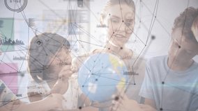 Teacher placing globe on table and rotating while guiding geography lesson with children pointing. Education, exploration, curiosity, learning, classroom, engagement, teaching aids - Powered by Shutterstock - Get 15% off with code: PIKWIZARD15