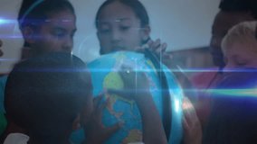 Children placing hands on globe examining continents while overlay mapping global connections. Collaboration, education, technology, innovation, teamwork, diversity, learning - Powered by Shutterstock - Get 15% off with code: PIKWIZARD15