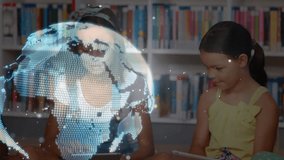 Two child girls tapping tablets and initiating 3D globe orbiting lines for interactive learning. Education, technology, innovation, childhood, interaction, connectivity, exploration - Powered by Shutterstock - Get 15% off with code: PIKWIZARD15