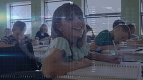 Child girl glancing upward while writing activating overlays on notebooks during class assignment. Children, education, classroom, creativity, learning, teamwork, student life - Powered by Shutterstock - Get 15% off with code: PIKWIZARD15