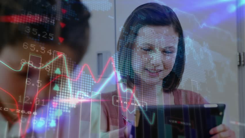 Teenage student tapping tablet and animating charts while analyzing data with sibling in classroom. Technology, education, data visualization, digital, analysis, youth, learning - Powered by Shutterstock - Get 15% off with code: PIKWIZARD15