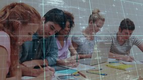 Digital grid overlay appearing as team members sketching, typing on laptop and sharing design ideas. Collaboration, teamwork, brainstorming, innovation, education, professional, creative - Powered by Shutterstock - Get 15% off with code: PIKWIZARD15