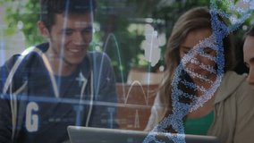 Three students opening laptop in cafe, applying animated DNA helix overlays for genomic analysis. Collaboration, education, research, innovation, casual, technology, teamwork - Powered by Shutterstock - Get 15% off with code: PIKWIZARD15