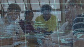 Teen students collaborating on code around table girl gesturing toward laptop showing code overlay. Collaboration, innovation, teamwork, technology, education, youth, brainstorming - Powered by Shutterstock - Get 15% off with code: PIKWIZARD15