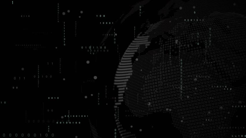 After binary streams drifting, 3D globe emerging and spinning to reveal continents for data flow. Technology, visualization, futurism, digital, innovation, cyberspace, network
