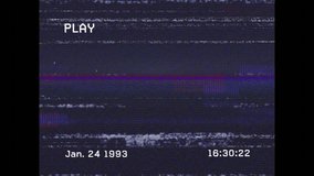 Displaying PLAY at Jan.24 1993 16:30 stamp, static revealing tech dashboard through glitchy VHS. Retro, glitch, analog, futuristic, data, digital, interface - Powered by Shutterstock - Get 15% off with code: PIKWIZARD15