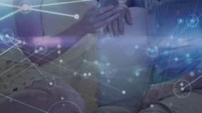 Animated network graphics pulsing while couple tapping phone screen sharing technology discovery. Connectivity, communication, intimacy, technology, social, digital, wireless - Powered by Shutterstock - Get 15% off with code: PIKWIZARD15
