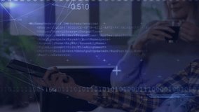 Man clicking remote on sofa causing binary tech grid shifting while woman sipping coffee watching. Technology, digital, innovation, relaxation, home, contemporary, connectivity - Powered by Shutterstock - Get 15% off with code: PIKWIZARD15