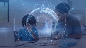 Father leaning guiding son starting writing on worksheet, digital globe showing learning progress. Education, mentorship, family, technology, focus, achievement, collaboration - Powered by Shutterstock - Get 15% off with code: PIKWIZARD15