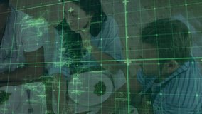 Colleagues sitting around wooden table, green grid overlay scanning salads during business meeting. Collaboration, networking, entrepreneurs, digital interface, workplace, communication, modern - Powered by Shutterstock - Get 15% off with code: PIKWIZARD15